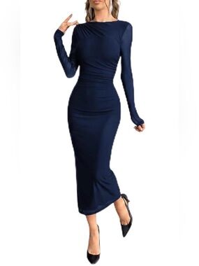 Elegant Navy Long-Sleeve Bodycon Midi Dress